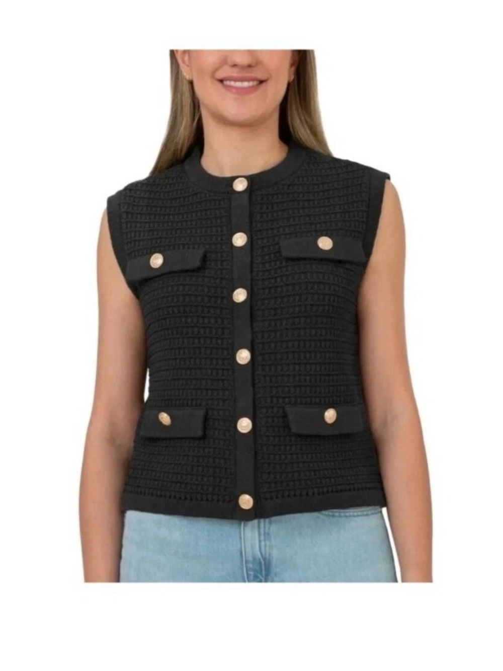 Blank NYC Black Sleeveless Knit Gold Button-Front Sweater Vest BlankNYC Medium